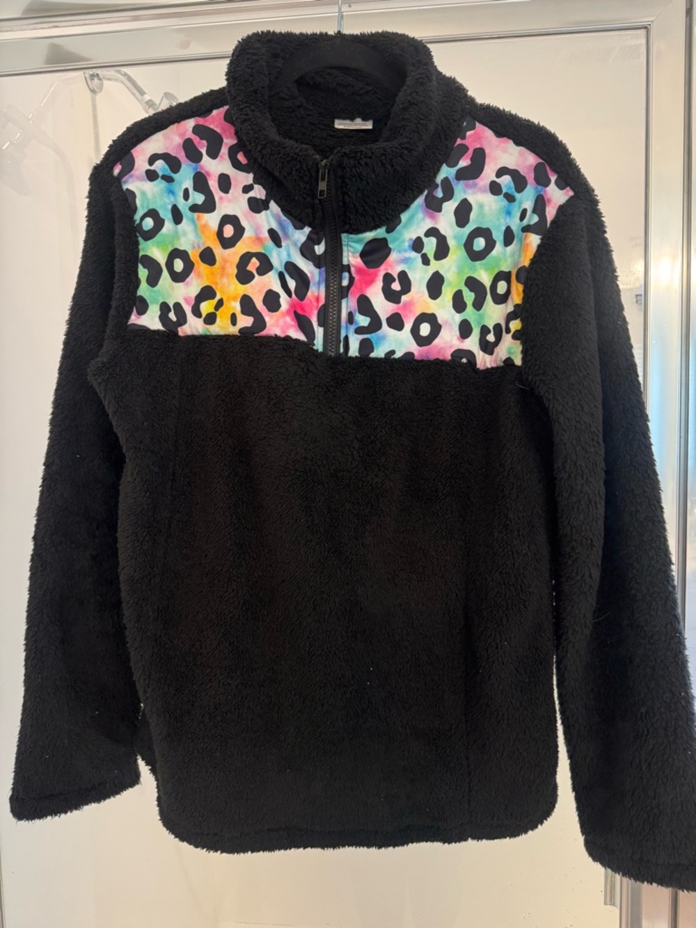 Black Sherpa Pullover with Multicolor Leopard Yoke